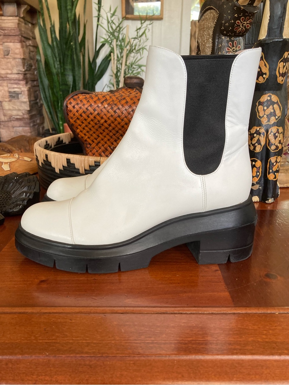 Stuart Weitzman Ivory and Black Norah Chelsea Lug Sole Boots